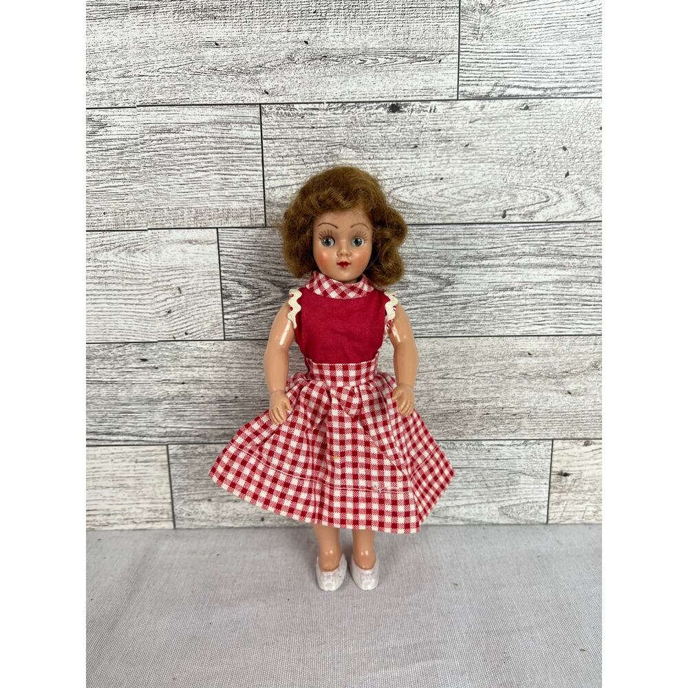 Duchess Doll Corp. Vintage Plastic 7.25” Brunette Doll Red White Dress 1949